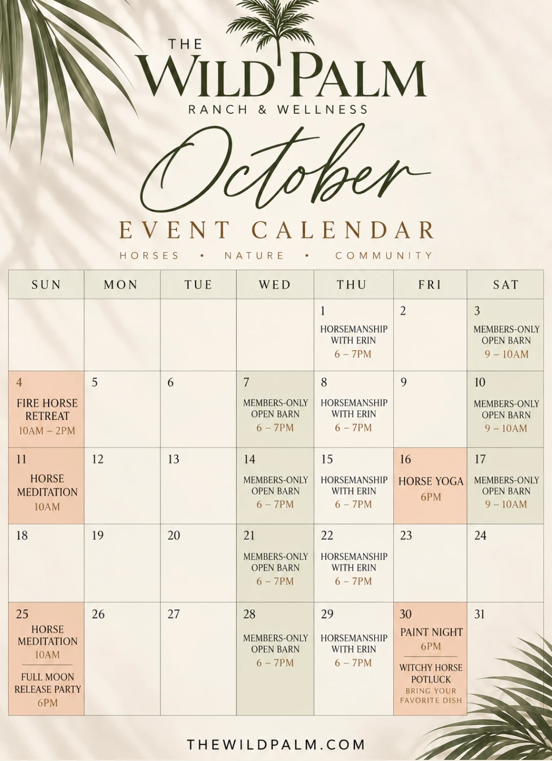 This month's events at The Wild Palm